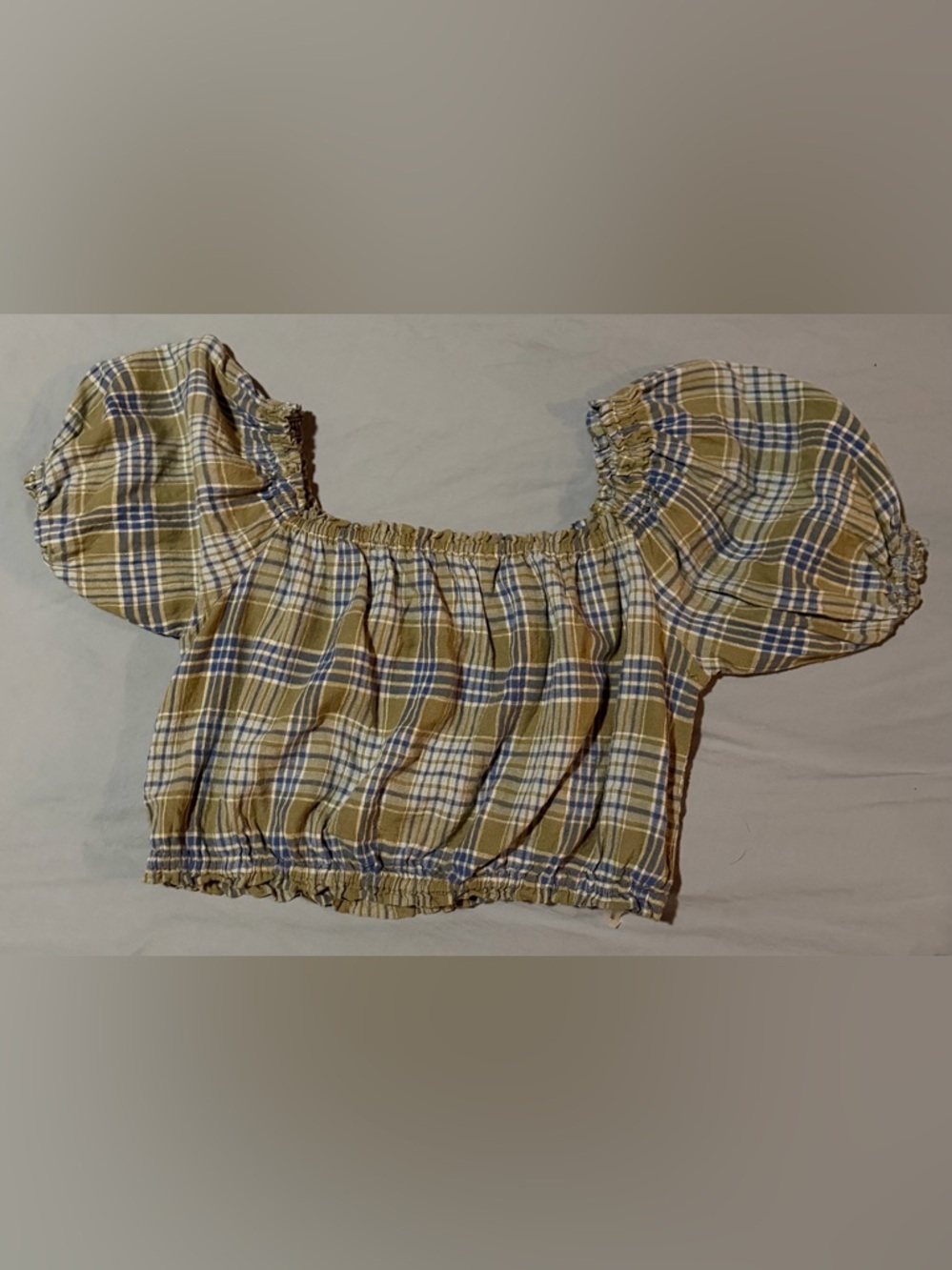 American Eagle Plaid Off-the-Shoulder Puff Sleeve Crop Top - Size L